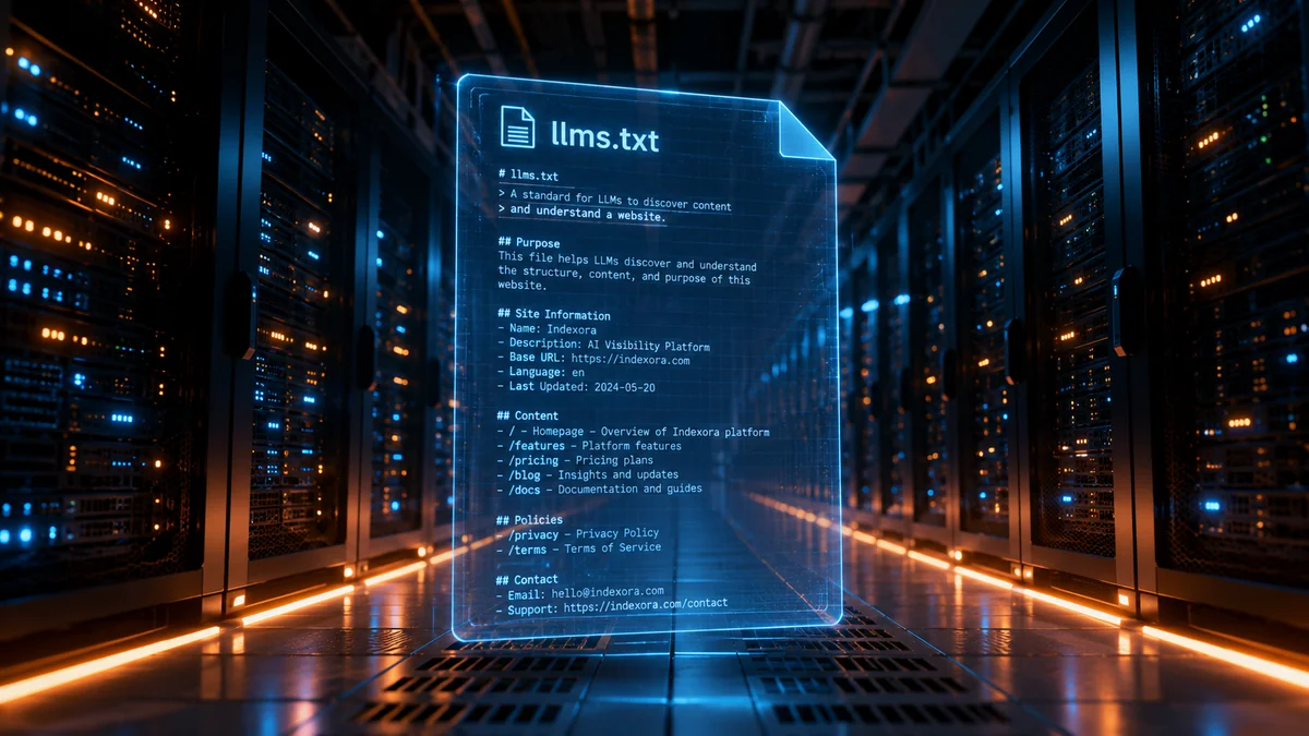 A holographic llms.txt file projected in a server room corridor, illuminated by orange and blue light